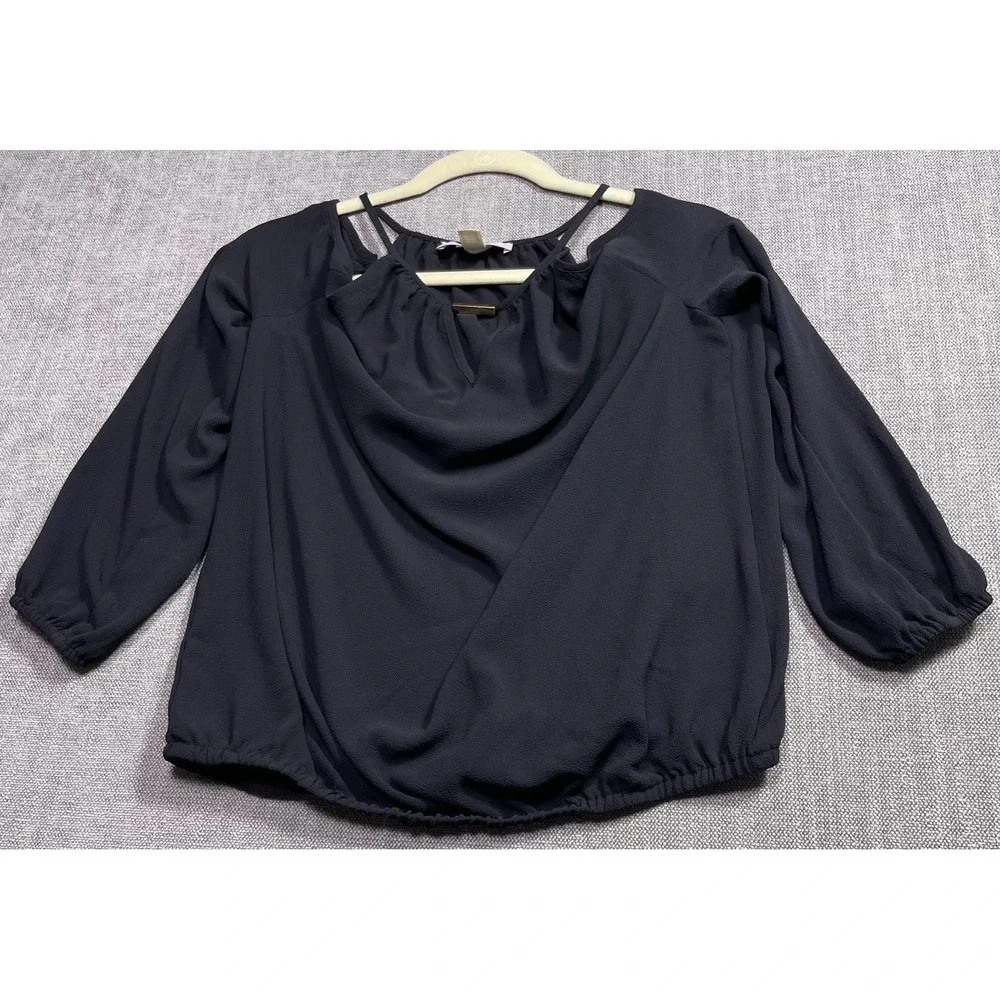 Michael Kors Blouse Womens Small Black Cold Shoulder Split Neck Pleated Top